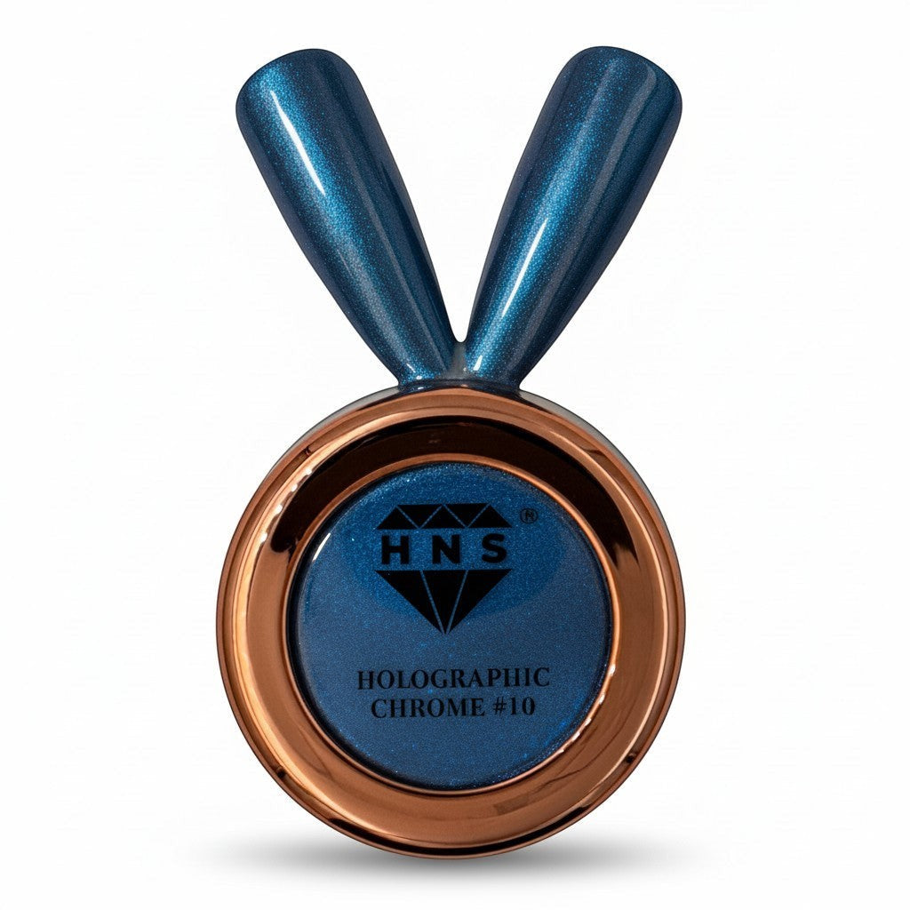 My Store HNS holographic chrome pigment in metallic blue with a rose gold rim and bunny ear applicator.