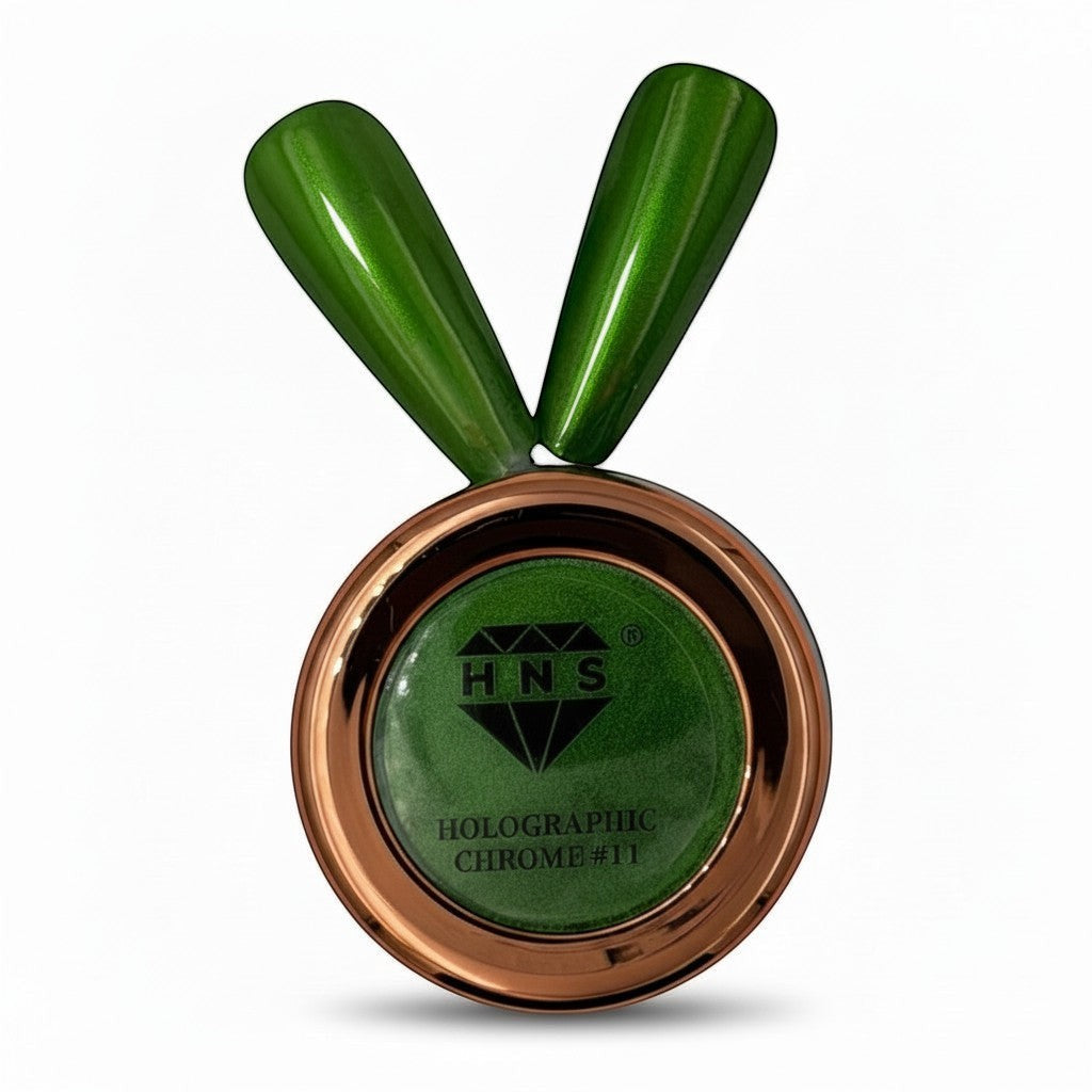 My Store HNS Holographic Chrome #11 green nail powder in a rose gold pot with two green swatches.