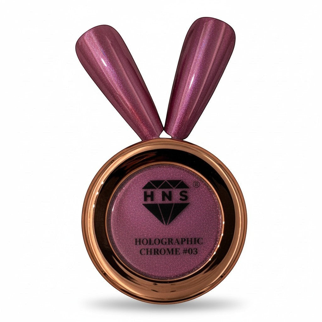 My Store HNS holographic chrome nail powder in a rose gold pot with two applicator sticks showing the metallic plum color.