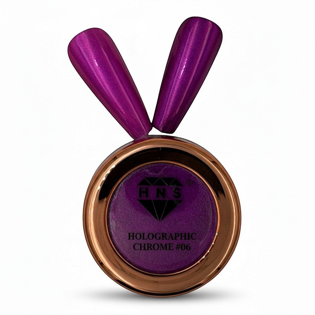 My Store HNS holographic chrome nail powder in vibrant purple with a metallic shimmer. Two applicator tips show the color.