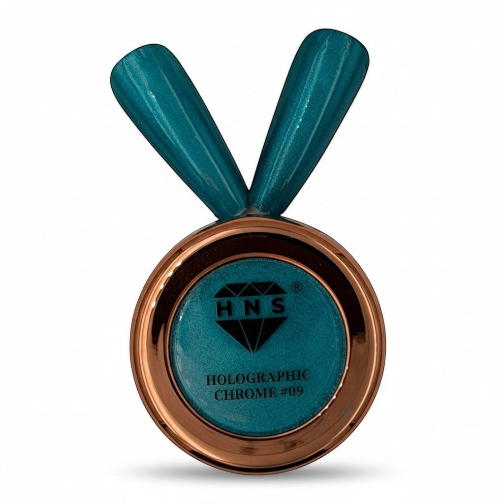 My Store HNS holographic chrome nail polish in teal with a rose gold rim and diamond logo.